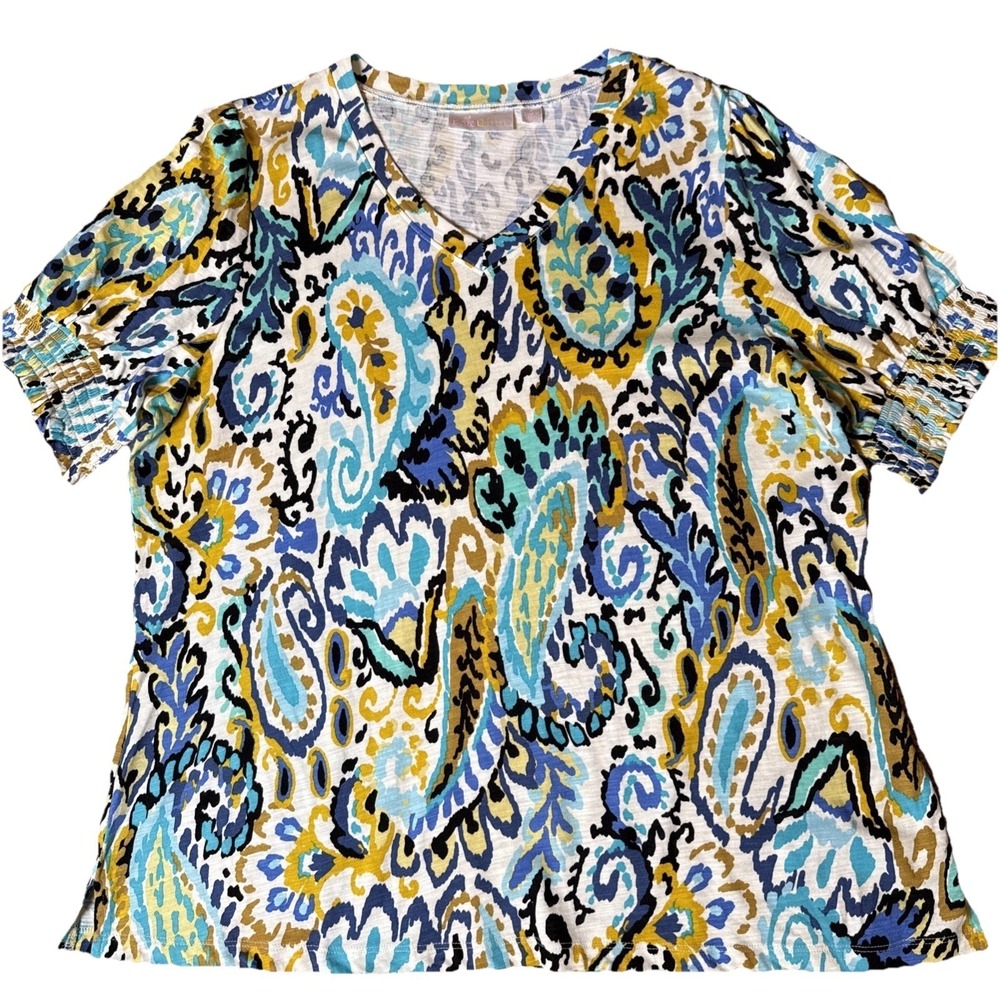 Belle By Kim Gravel Large Top Paisley Artsy Print Colorful Santorini Blue EUC